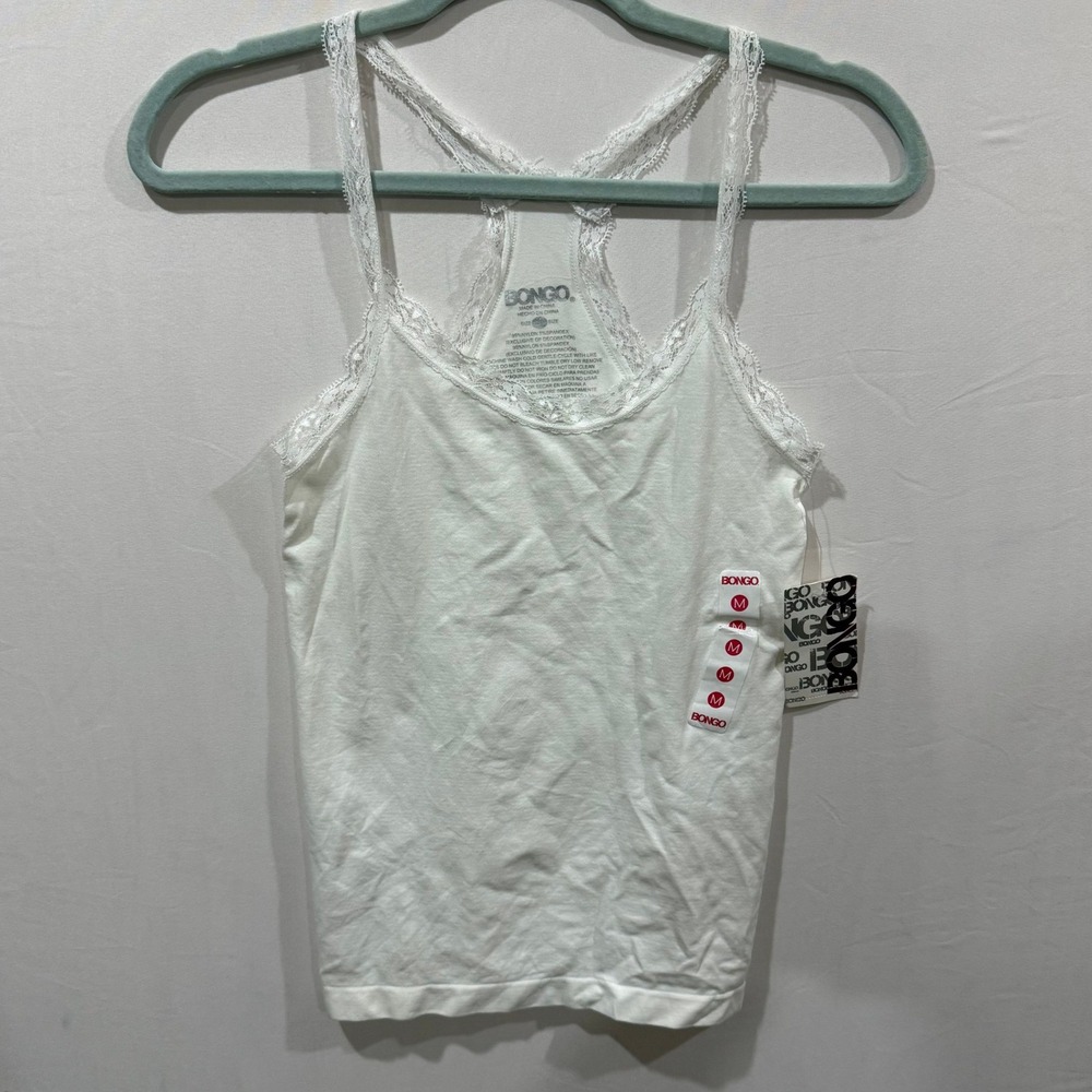 Bongo‎ Womens White Seamless Rib Tank Top Lace Trim Racerback Medium NWT